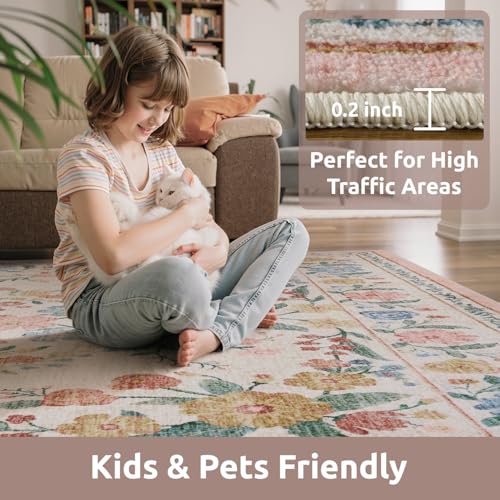 A young girl sits on a colorful, low-pile rug, holding a small dog. The rug is 0.2 inches thick, designed for high-traffic areas, and is labeled as kid and pet friendly.