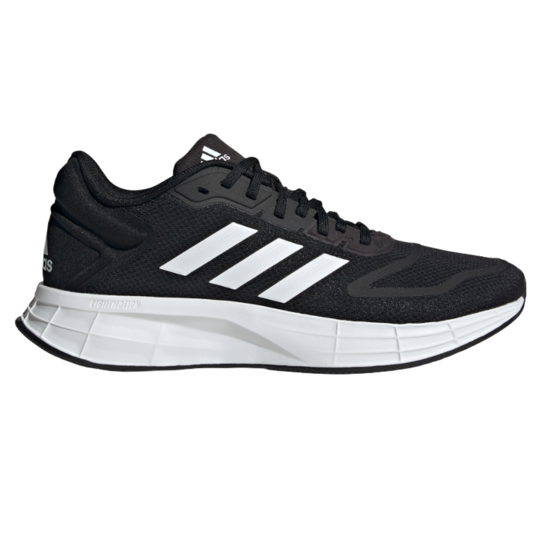 Black running shoe with white stripes and a thick white sole, featuring the Adidas logo.