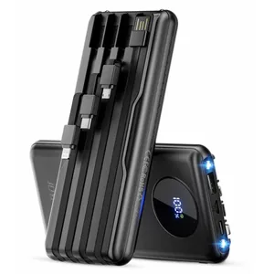 A power bank with built-in cables for different device types, featuring a digital display showing charge percentage, and equipped with LED lights.
