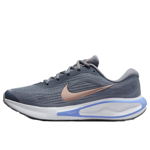 Nike Journey Running Shoes feature a sleek, gray mesh upper with a metallic swoosh, cushioned midsole with blue accents, and a low-profile design for enhanced flexibility and comfort during runs.