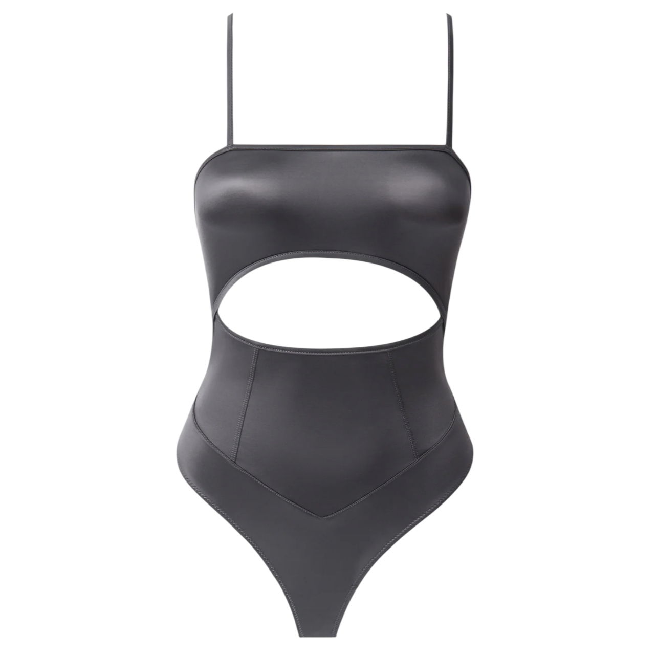 A sleek, black bodysuit featuring thin straps and a prominent cutout across the midsection.