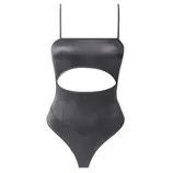 A sleek, black bodysuit featuring thin straps and a prominent cutout across the midsection.