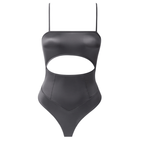 A sleek, black bodysuit featuring thin straps and a prominent cutout across the midsection.