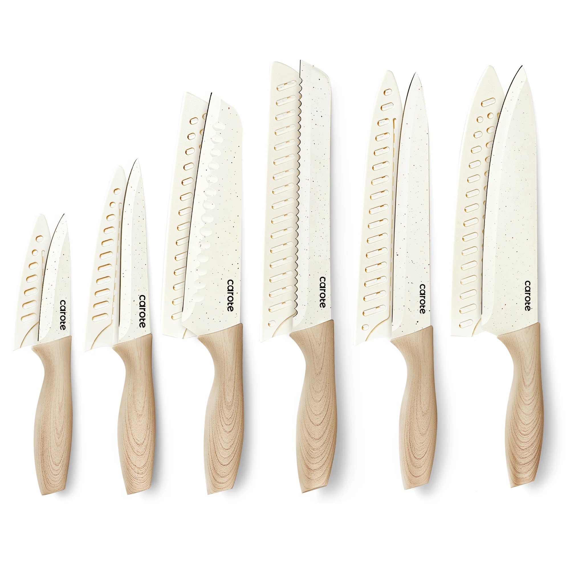 A set of seven cream-colored kitchen knives with wooden handles, each with a different blade design.