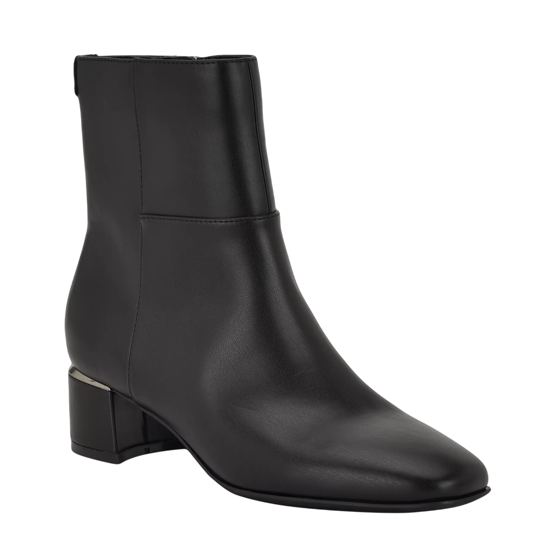 A black ankle boot with a smooth finish, featuring a low block heel and a sleek, minimalist design.