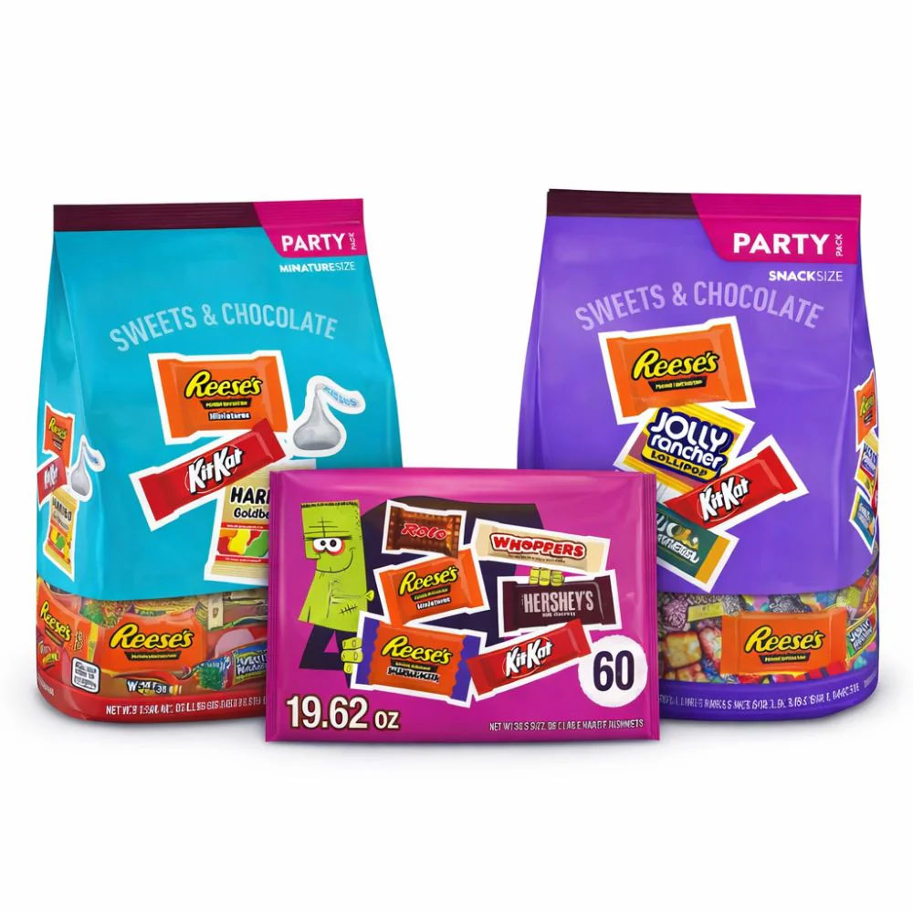 Three packs of party-size sweets and chocolates featuring brands like Reese's, KitKat, Hershey's, Jolly Rancher, and Whoppers.