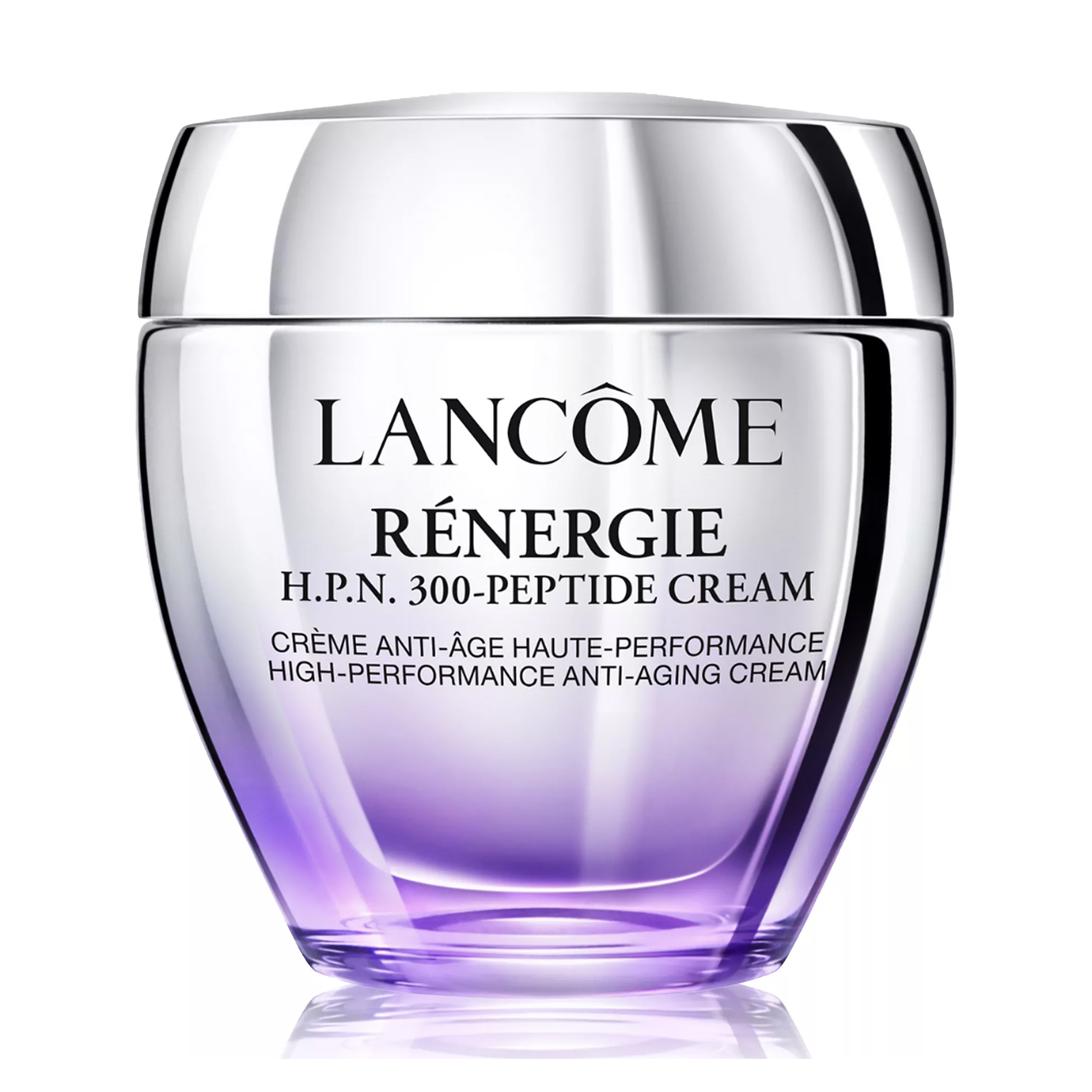 Lancôme Rénergie H.P.N. 300-Peptide Cream, a high-performance anti-aging cream, comes in a purple and silver jar.