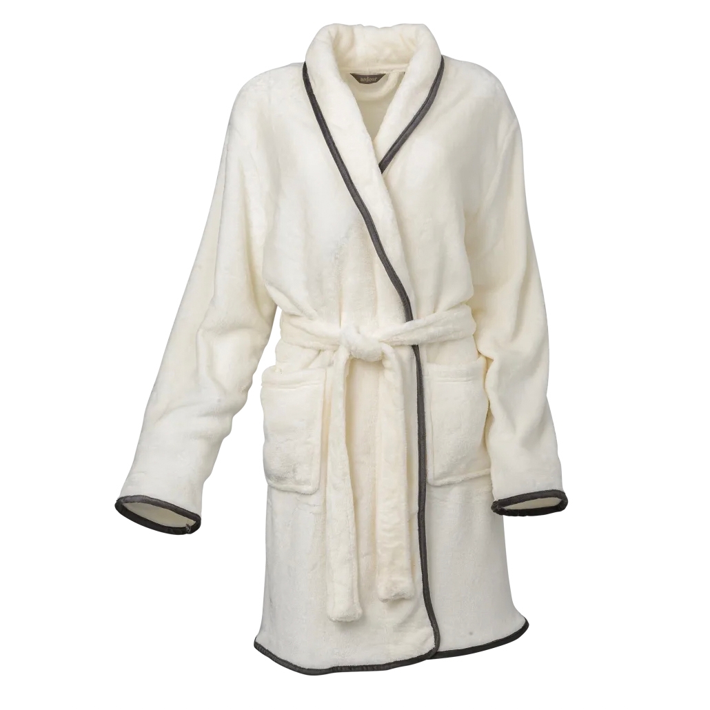 A soft, white velvet robe with grey trim, featuring long sleeves, two front pockets, and a matching belt for closure.