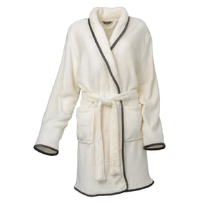A soft, white velvet robe with grey trim, featuring long sleeves, two front pockets, and a matching belt for closure.