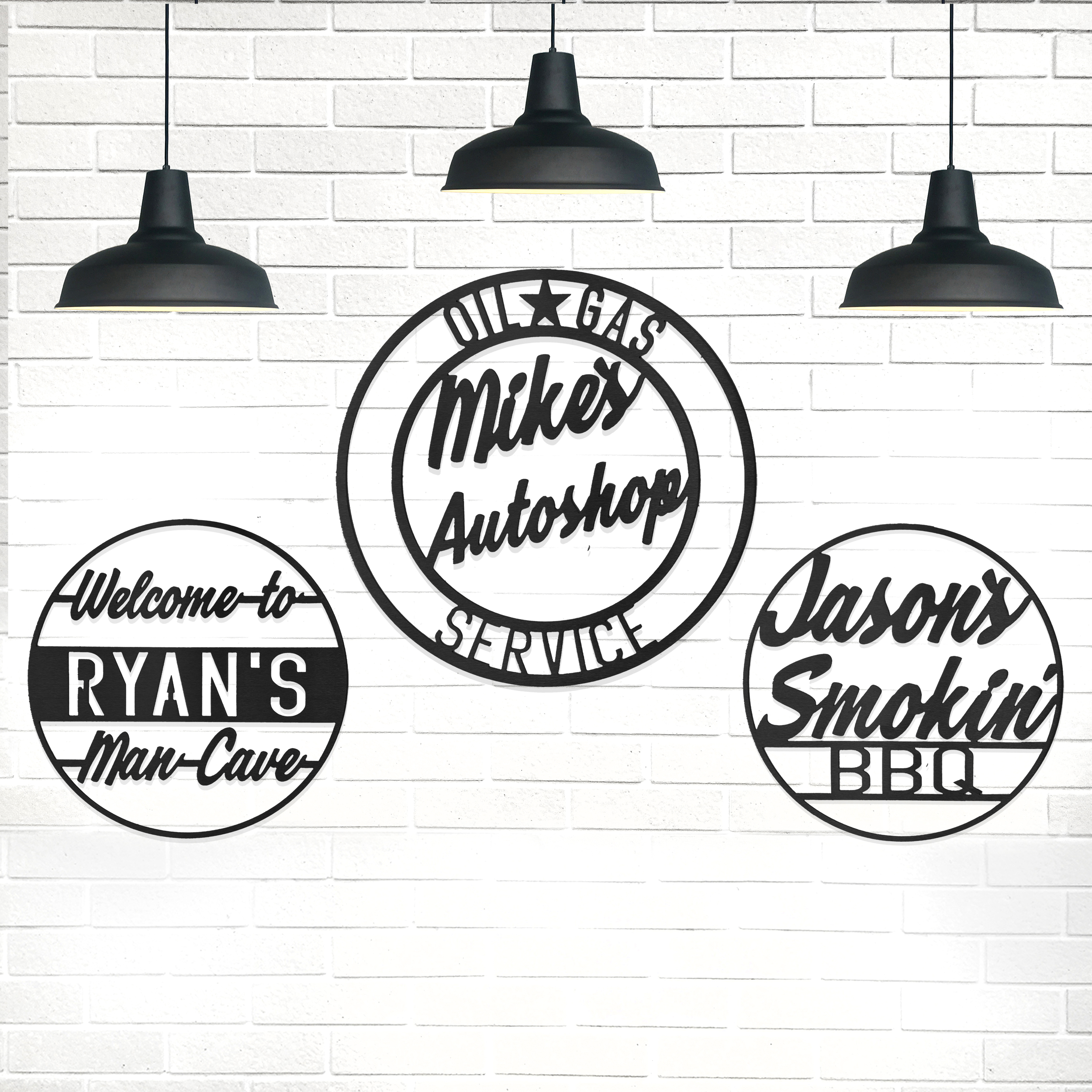 Circular metal wall sign with the text \“Mike's Autoshop,\“ surrounded by \“Oil Service Gas.\“ The sign has a vintage aesthetic and is suitable for garage decoration.