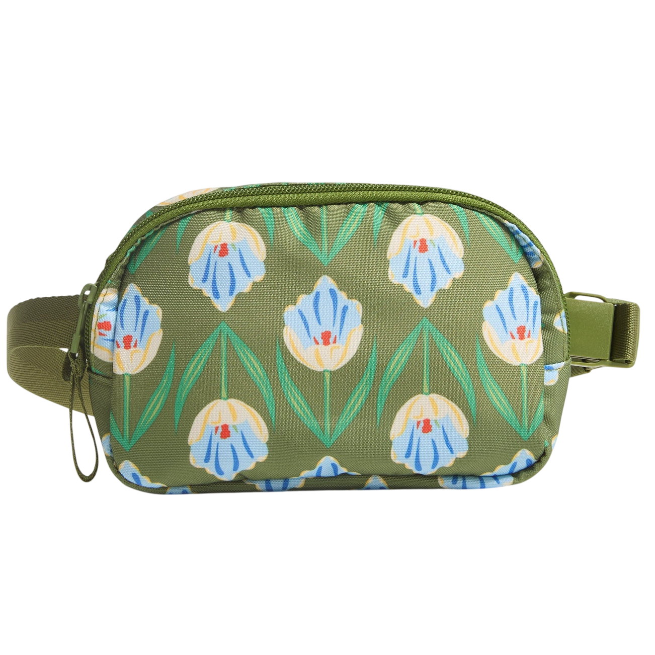 A green belt bag featuring a floral design with blue and yellow flowers.