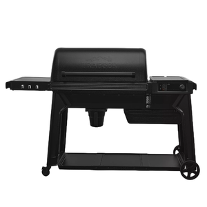 Traeger Woodridge Pro Grill: A sleek, black pellet grill with a large cooking chamber, side shelf, digital control panel, and four wheels for mobility. Ideal for barbequing and smoking various foods.