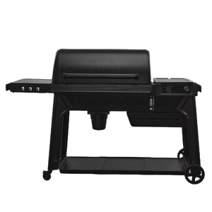 Traeger Woodridge Pro Grill: A sleek, black pellet grill with a large cooking chamber, side shelf, digital control panel, and four wheels for mobility. Ideal for barbequing and smoking various foods.