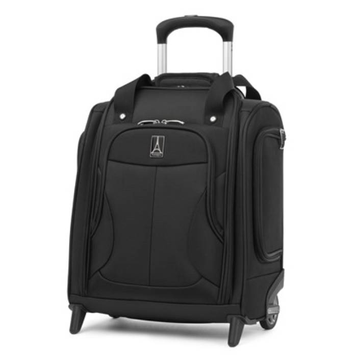 A black Travelpro underseat carry-on bag with a retractable handle, two wheels, and multiple compartments, including side pockets. The design features durable fabric and a front logo.