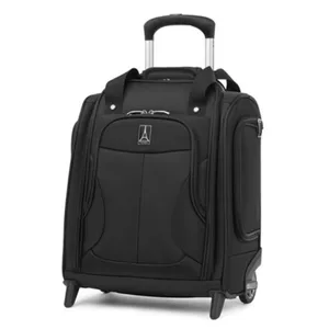 A black Travelpro underseat carry-on bag with a retractable handle, two wheels, and multiple compartments, including side pockets. The design features durable fabric and a front logo.