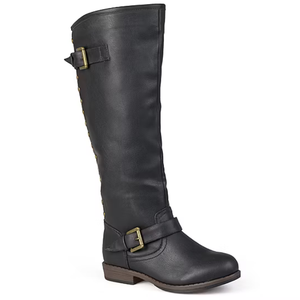 Black knee-high boot with two decorative buckle straps and low brown heel.