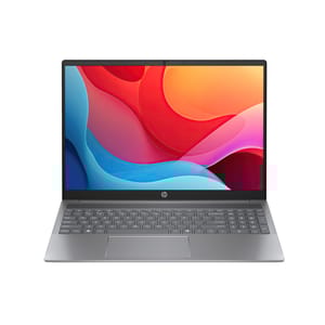 HP Pavilion laptop with 2K display, featuring a sleek silver design, a full keyboard including a numeric keypad, and vibrant colorful screen.