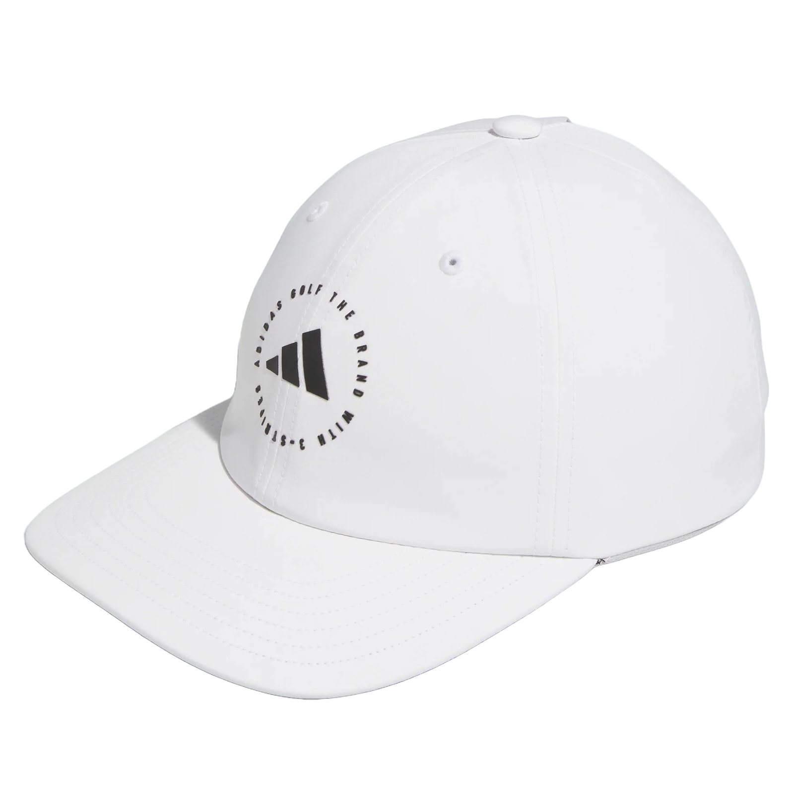 White baseball cap with a black logo resembling three stripes and text around it, reading \“ADIDAS GOLF THE BRAND WITH 3 STRIPES.\“
