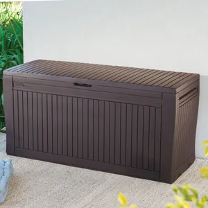A dark brown outdoor storage bench with a slatted design, suitable for patio use.