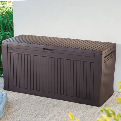 A dark brown outdoor storage bench with a slatted design, suitable for patio use.
