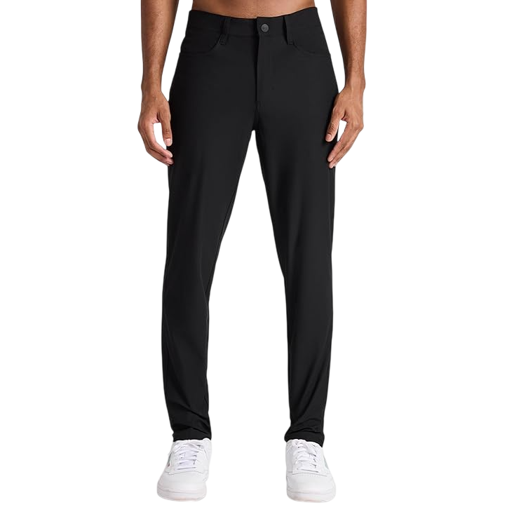 Men's black athletic pants paired with white sneakers.
