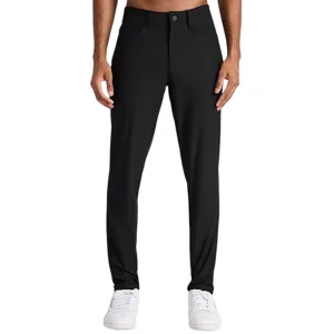 Men's black athletic pants paired with white sneakers.