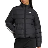 A black quilted jacket with a zipper closure and white stripes on the sleeves, featuring an Adidas logo on the chest.