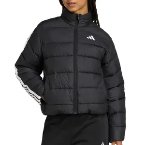 A black quilted jacket with a zipper closure and white stripes on the sleeves, featuring an Adidas logo on the chest.
