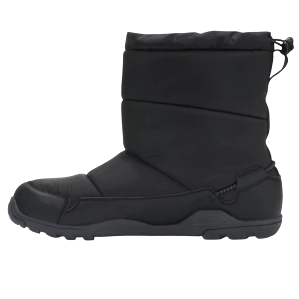 A black insulated boot with a rubber sole and drawstring closure at the top, designed for cold weather conditions.