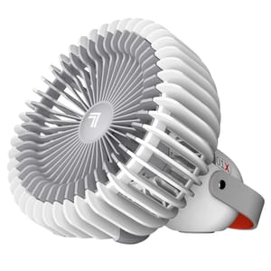 The Sharper Image by Vornado Cordless Fan features a compact, round design with a unique, ribbed grille in gray and white. It includes a carrying handle and is battery-operated for portability.