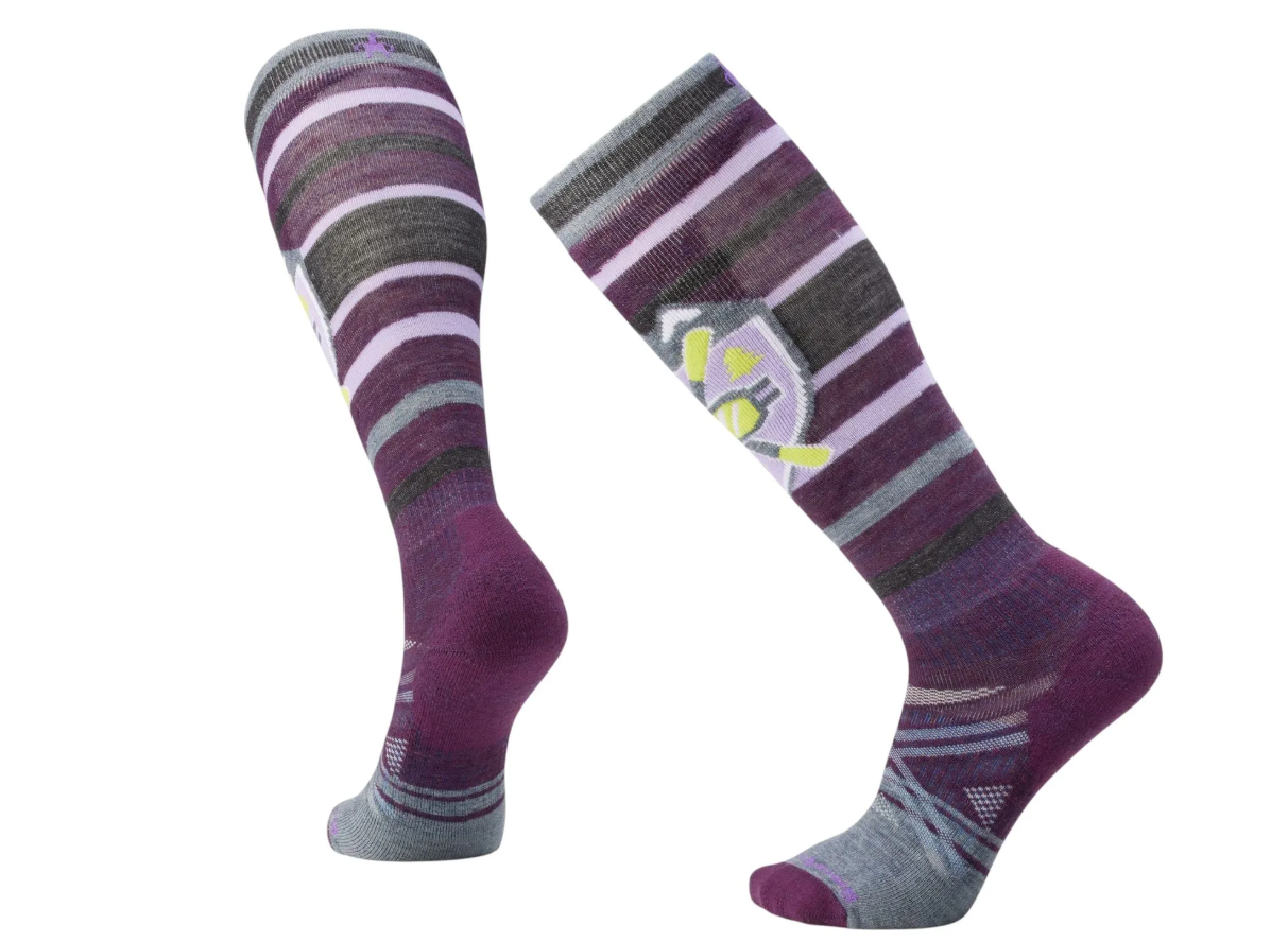 Knee-high socks with horizontal stripes in purple, pink, gray, and black hues, featuring a geometric logo design.