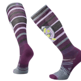Knee-high socks with horizontal stripes in purple, pink, gray, and black hues, featuring a geometric logo design.