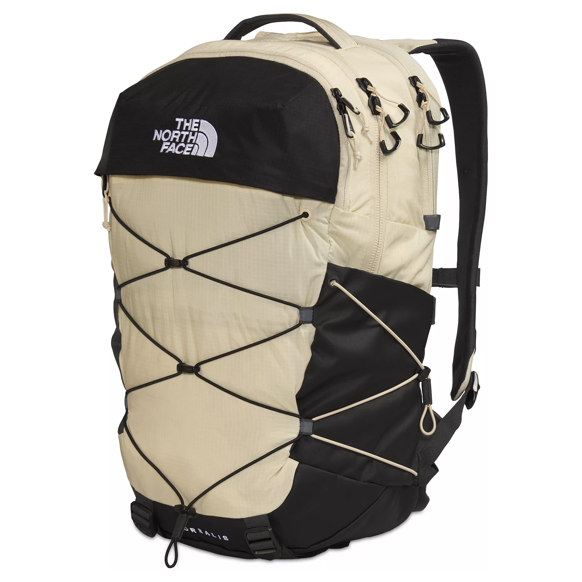 Tan and black backpack with The North Face logo, featuring multiple zipper compartments, adjustable straps, and an elastic cord system on the front for securing additional items.
