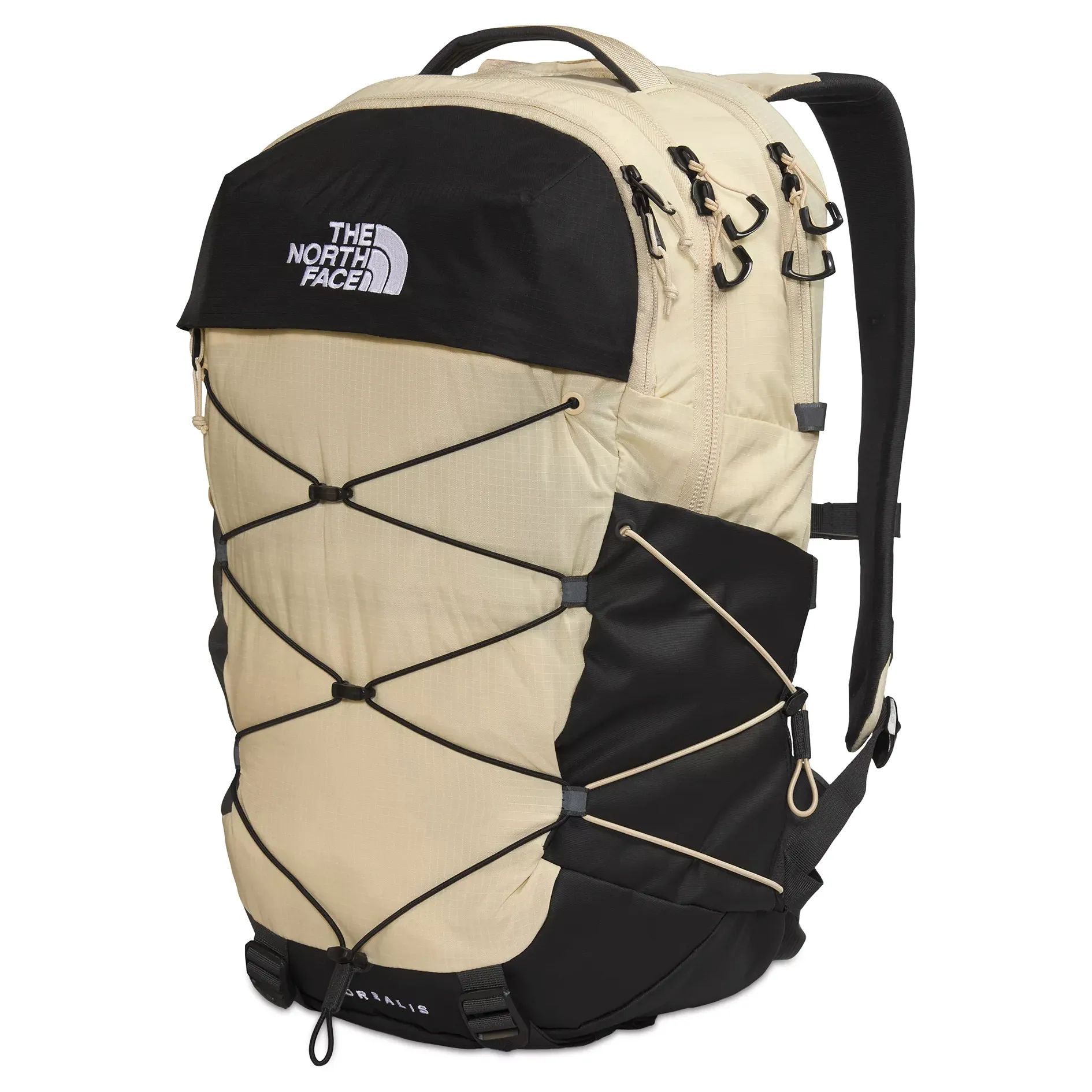 Tan and black backpack with The North Face logo, featuring multiple zipper compartments, adjustable straps, and an elastic cord system on the front for securing additional items.