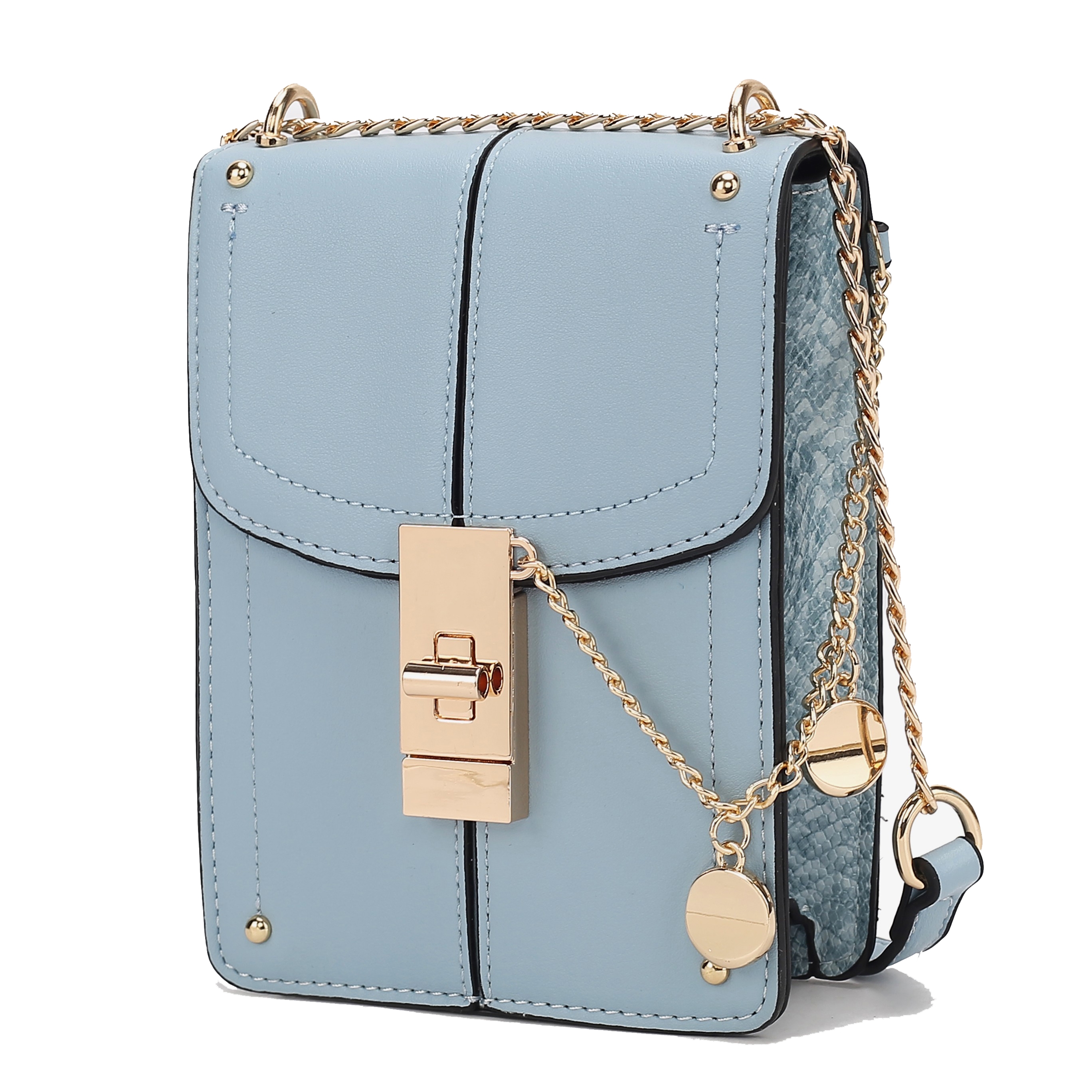 A small, light blue leather shoulder bag with a gold chain strap and decorative gold lock. The bag features metal accents and a structured design.