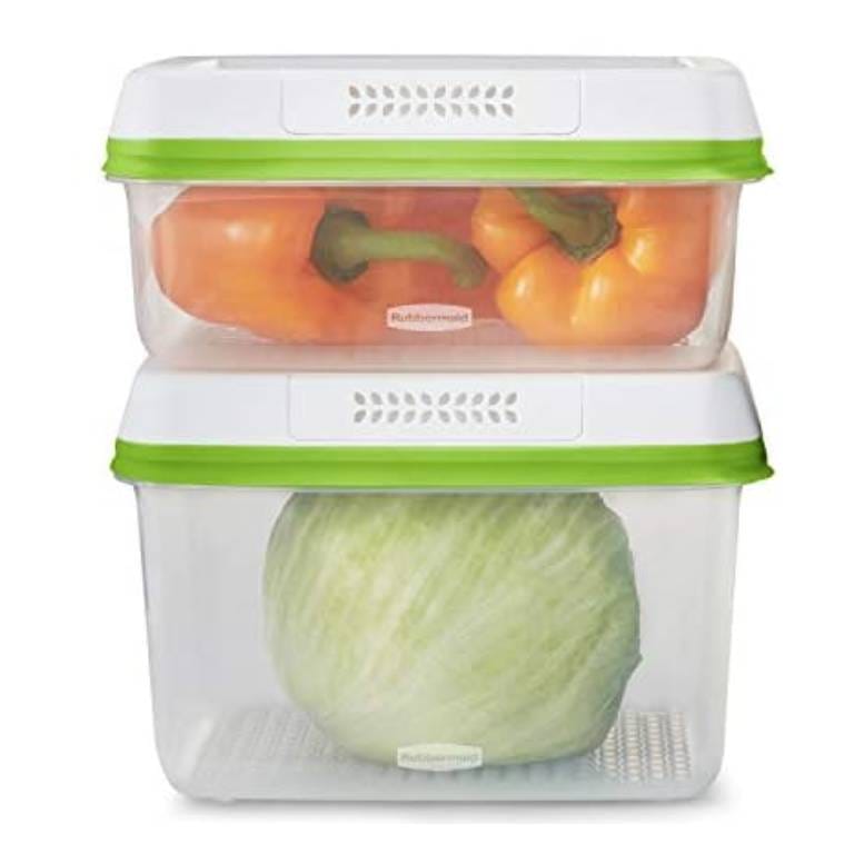 Two Rubbermaid Produce Saver containers, each with a white lid and green seal, store orange bell peppers and a head of lettuce. They feature air vents and a base tray to keep produce fresh longer.