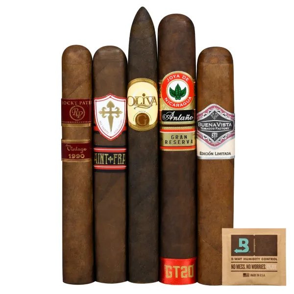 A selection of five cigars: Rocky Patel Vintage 1990, Saint & Froid, Oliva Serie G, Joya de Nicaragua Antaño Gran Reserva, and Buena Vista Edición Limitada, accompanied by a 2-way humidity control pack.