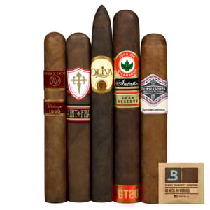 A selection of five cigars: Rocky Patel Vintage 1990, Saint & Froid, Oliva Serie G, Joya de Nicaragua Antaño Gran Reserva, and Buena Vista Edición Limitada, accompanied by a 2-way humidity control pack.