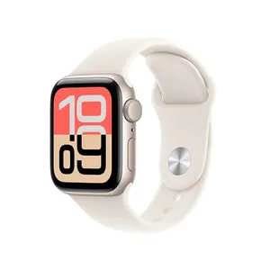 A smartwatch with a silver square face and a large, bold digital display, attached to a light-colored band.