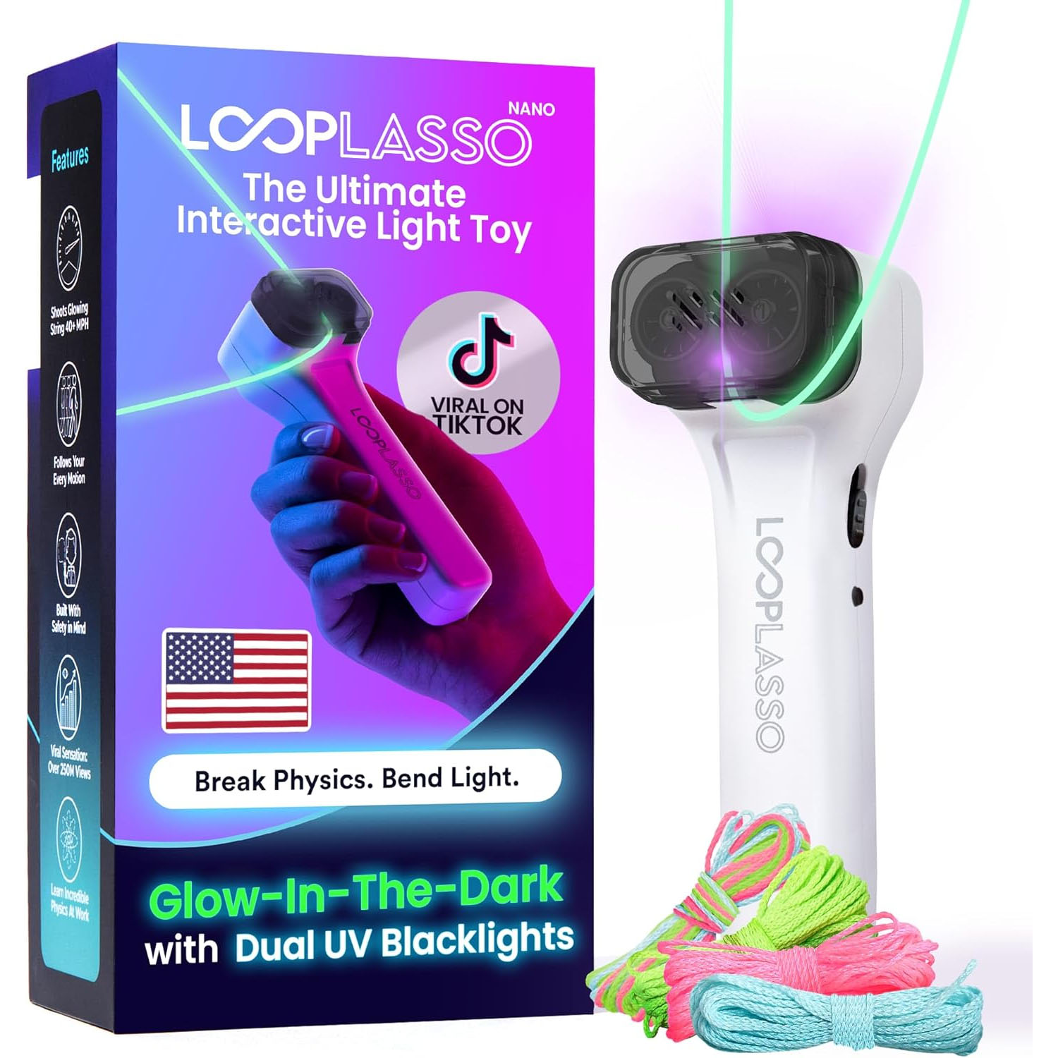 The Loop Lasso Nano is an interactive glow-in-the-dark light toy with dual UV blacklights, featuring vibrant strings for creating light patterns, designed to be safe and intuitive.