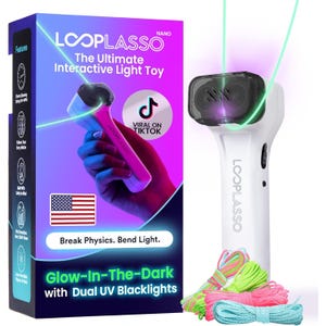 The Loop Lasso Nano is an interactive glow-in-the-dark light toy with dual UV blacklights, featuring vibrant strings for creating light patterns, designed to be safe and intuitive.