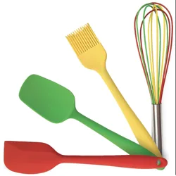 A colorful set of kitchen utensils, including a red spatula, green spatula, yellow basting brush, and a multicolored whisk with a metal handle.