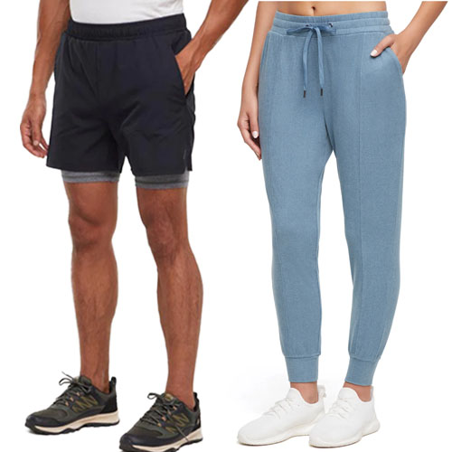 On the left, men's black athletic shorts paired with running shoes; on the right, a person in blue jogger pants with white sneakers.