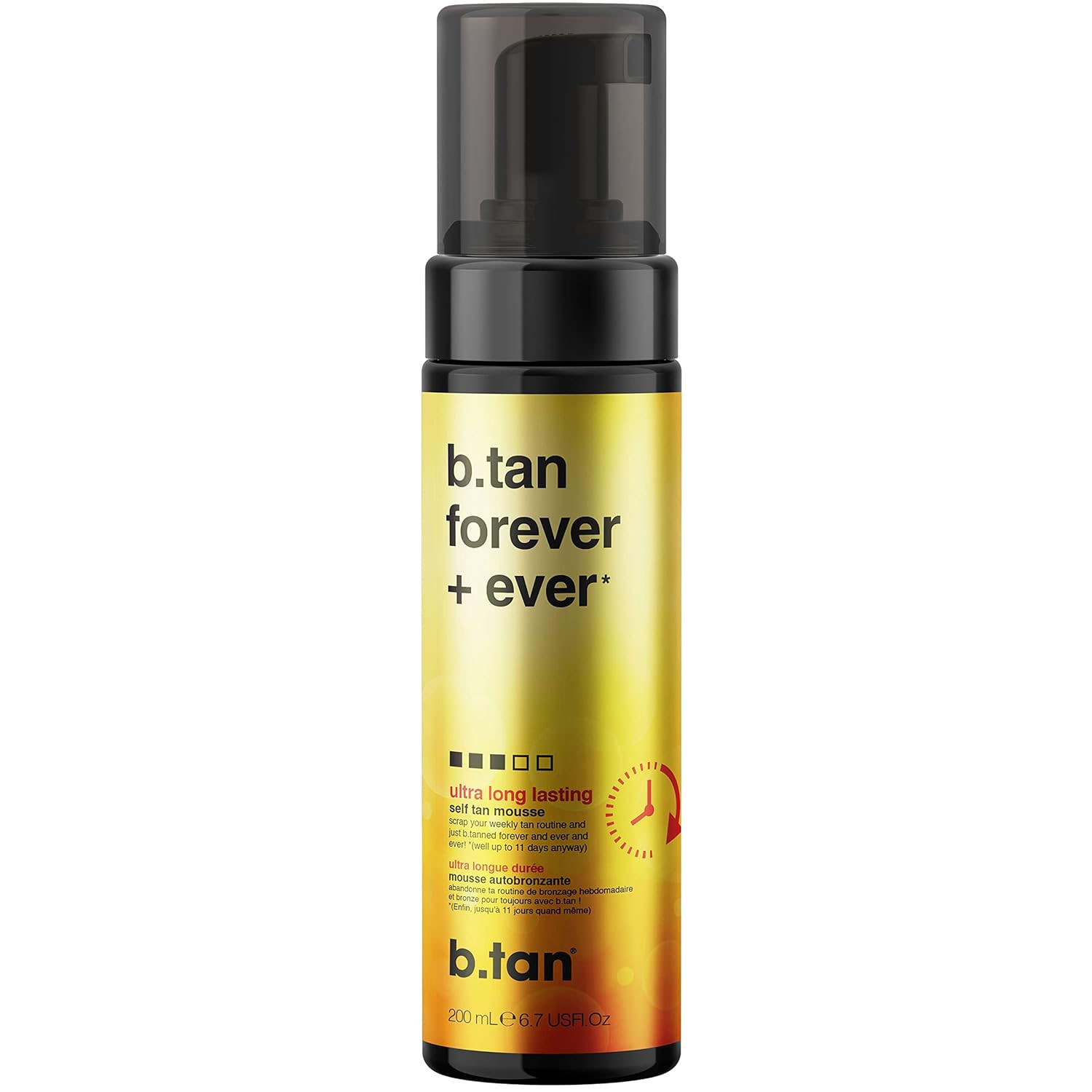 B.Tan Forever + Ever is a 1-hour self-tanning mousse, promising ultra long-lasting results up to 11 days. The bottle has a capacity of 200 mL (6.7 US fl oz).