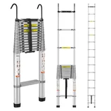 Telescopic aluminum ladder with hooks, shown in collapsed and extended forms, featuring safety warnings and a strap for secure storage.