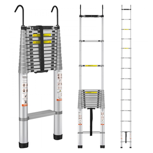 Telescopic aluminum ladder with hooks, shown in collapsed and extended forms, featuring safety warnings and a strap for secure storage.
