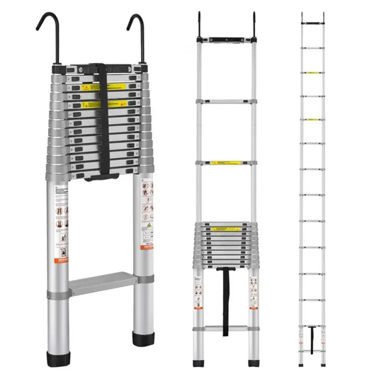 Telescopic aluminum ladder with hooks, shown in collapsed and extended forms, featuring safety warnings and a strap for secure storage.