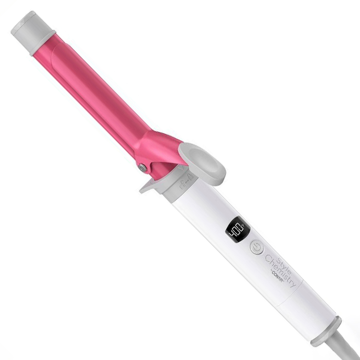 A pink and white curling iron with a digital display showing 400°F, featuring a clamp for holding hair in place.