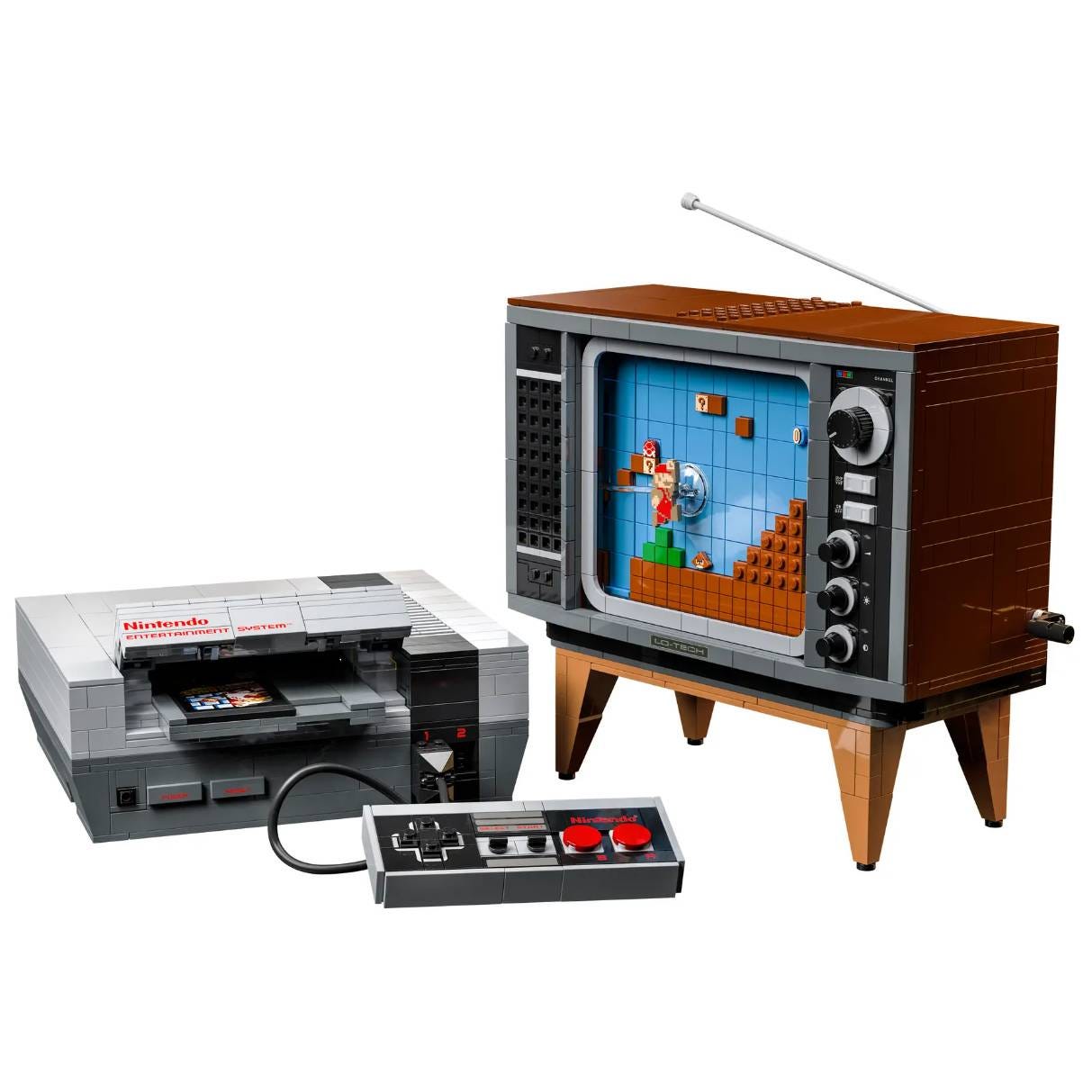 LEGO Nintendo Entertainment System set featuring a retro TV displaying a Super Mario Bros. scene, a buildable NES console, and a controller, all constructed from LEGO bricks.