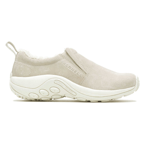A beige slip-on shoe from Merrell with a plush interior lining and a textured white rubber sole designed for comfort and casual wear.